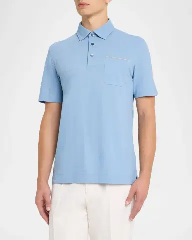 ZEGNA Men's Pique Polo Shirt with Leather-Trim Pocket | Thumbnail 3