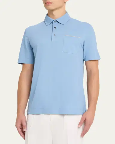 ZEGNA Men's Pique Polo Shirt with Leather-Trim Pocket | Thumbnail 8