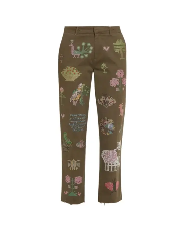 Needlepoint Embellished Slim-Leg Ankle Chino Pants
