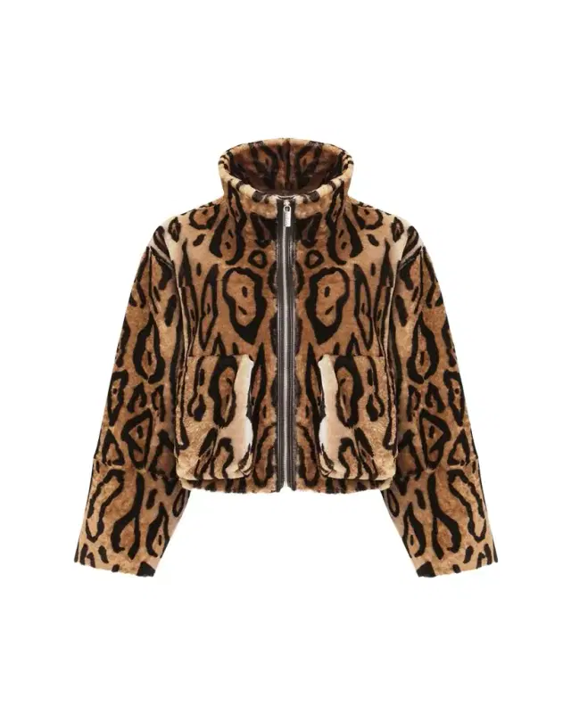 Ocelot-Print Shearling Lamb Zip Jacket