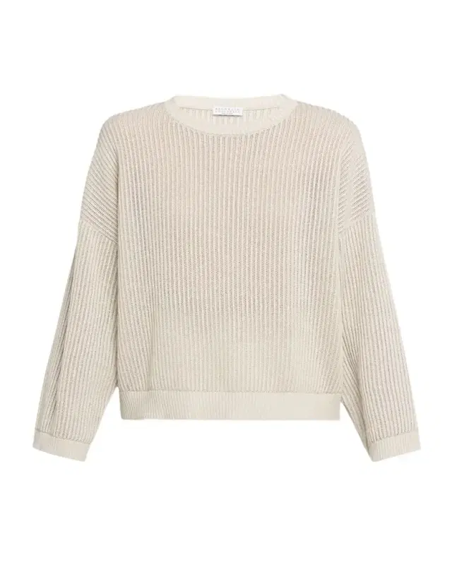 Brunello Cucinelli Metallic Openwork Cotton Rib Crewneck Sweater