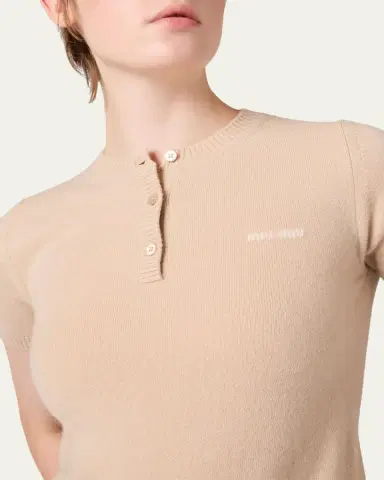 Miu Miu Short-Sleeve Cashmere Henley Sweater | Thumbnail 4