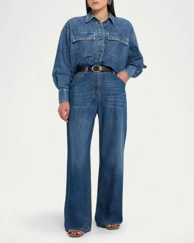Brunello Cucinelli Lightweight Denim Wide-Leg Jeans With Monili Trim | Thumbnail 2