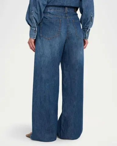Brunello Cucinelli Lightweight Denim Wide-Leg Jeans With Monili Trim | Thumbnail 3