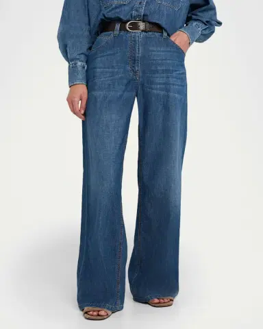Brunello Cucinelli Lightweight Denim Wide-Leg Jeans With Monili Trim | Thumbnail 4
