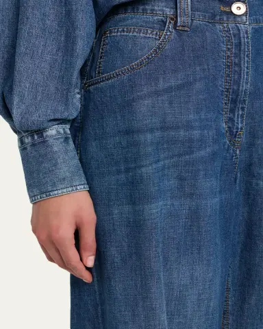 Brunello Cucinelli Lightweight Denim Wide-Leg Jeans With Monili Trim | Thumbnail 5