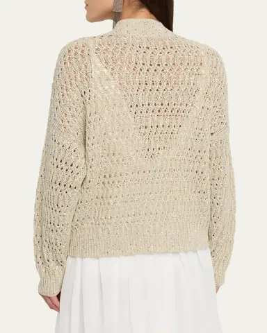 Brunello Cucinelli Paillette Linen Open-Knit Zip Cardigan | Thumbnail 3