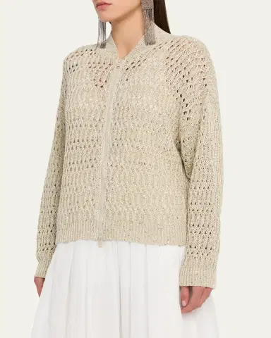 Brunello Cucinelli Paillette Linen Open-Knit Zip Cardigan | Thumbnail 4