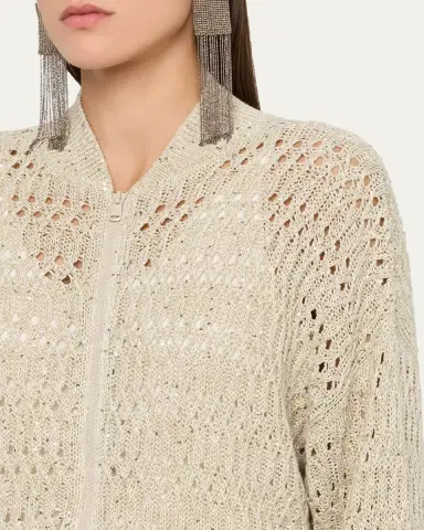 Brunello Cucinelli Paillette Linen Open-Knit Zip Cardigan | Thumbnail 5