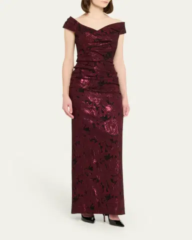 Rickie Freeman for Teri Jon Ruched Metallic Floral Jacquard Column Gown | Thumbnail 2