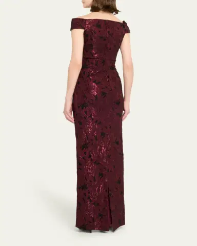 Rickie Freeman for Teri Jon Ruched Metallic Floral Jacquard Column Gown | Thumbnail 3