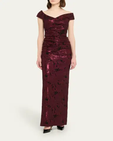 Rickie Freeman for Teri Jon Ruched Metallic Floral Jacquard Column Gown | Thumbnail 4