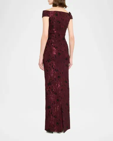 Rickie Freeman for Teri Jon Ruched Metallic Floral Jacquard Column Gown | Thumbnail 7