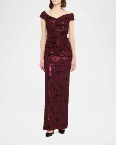 Rickie Freeman for Teri Jon Ruched Metallic Floral Jacquard Column Gown | Thumbnail 8
