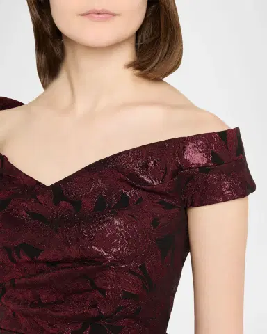 Rickie Freeman for Teri Jon Ruched Metallic Floral Jacquard Column Gown | Thumbnail 9