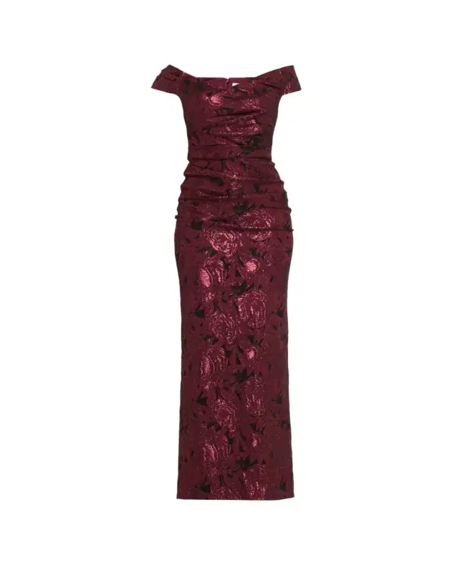 Ruched Metallic Floral Jacquard Column Gown