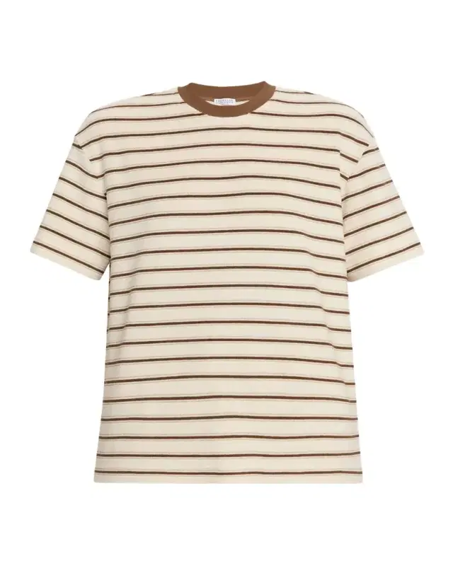 Brunello Cucinelli Metallic Striped Cotton-Silk Towelling Short-Sleeve T-Shirt