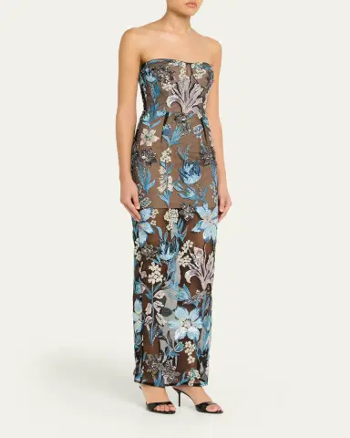 Bronx and Banco Dahlia Strapless Sequined Floral Tulle Gown | Thumbnail 4