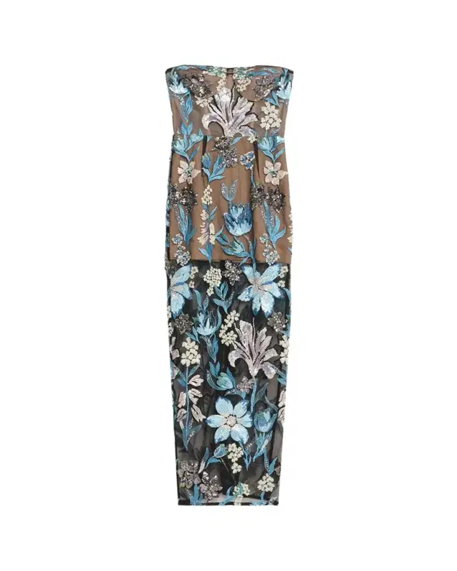 Bronx Banco Dahlia Strapless Sequined Floral Tulle Gown
