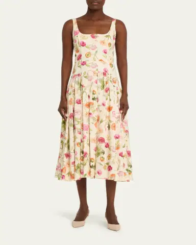 Carolina Herrera Floral Sleeveless Drop-Waist Pleated Midi Dress | Thumbnail 2