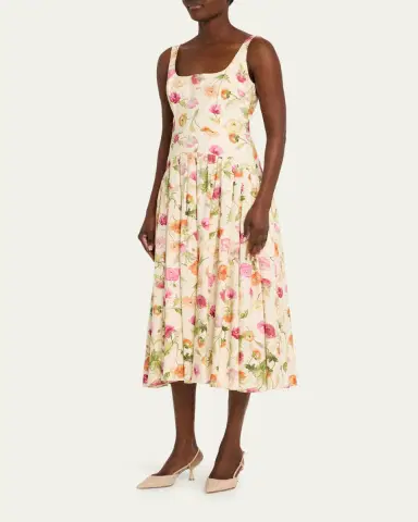 Carolina Herrera Floral Sleeveless Drop-Waist Pleated Midi Dress | Thumbnail 4