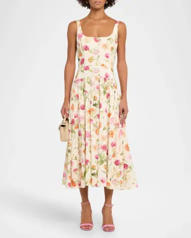 Carolina Herrera Floral Sleeveless Drop-Waist Pleated Midi Dress | Thumbnail 6