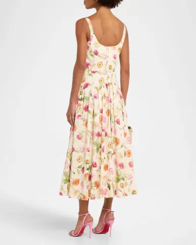 Carolina Herrera Floral Sleeveless Drop-Waist Pleated Midi Dress | Thumbnail 7