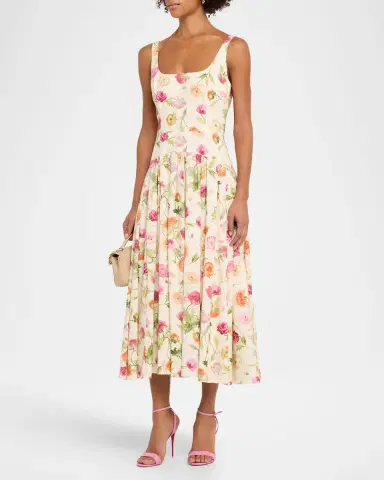 Carolina Herrera Floral Sleeveless Drop-Waist Pleated Midi Dress | Thumbnail 8
