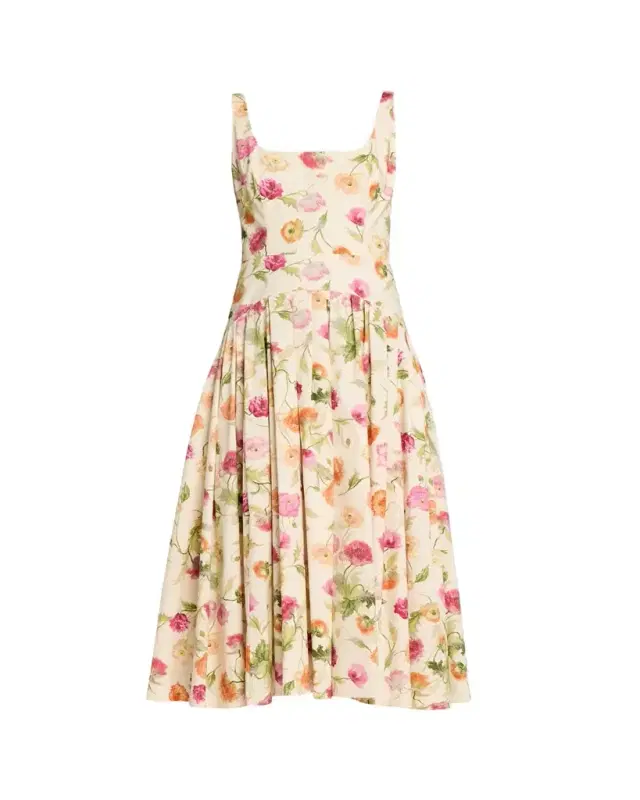 Floral Sleeveless Drop-Waist Pleated Midi Dress
