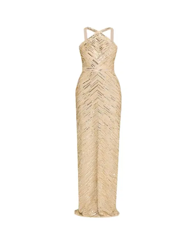 Pamella Roland Embellished Tulle Halter Gown