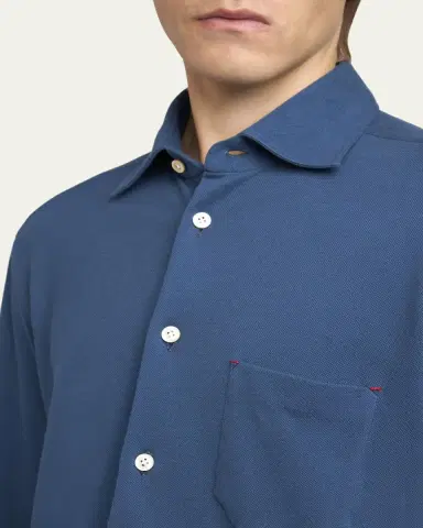 Kiton Men's Pique Button-Down Shirt with Bar Tack Pocket | Thumbnail 5 Kiton Men's Pique Button-Down Shirt with Bar Tack Pocket | Thumbnail 5