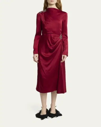 Erdem Crystal Long-Sleeve Draped Satin Midi Dress | Thumbnail 2