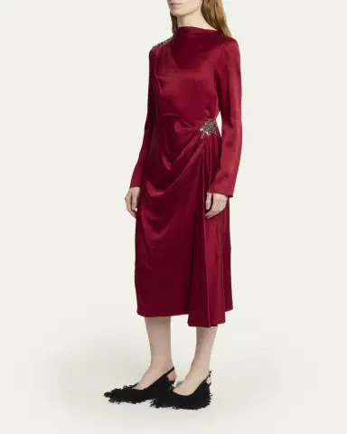 Erdem Crystal Long-Sleeve Draped Satin Midi Dress | Thumbnail 4