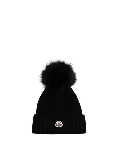 Moncler Ribbed Beanie with Faux Fur Pom | Thumbnail 1 Moncler Ribbed Beanie with Faux Fur Pom | Thumbnail 1
