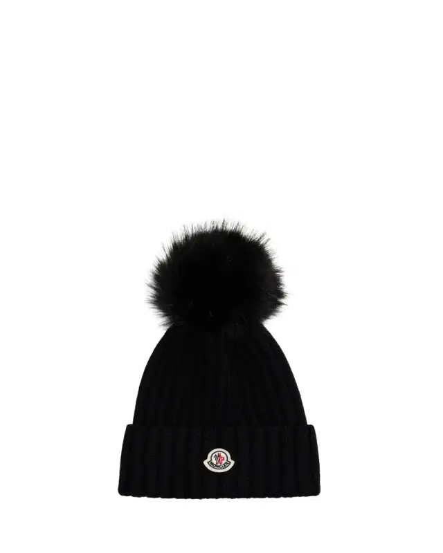 Moncler Ribbed Beanie with Faux Fur Pom
