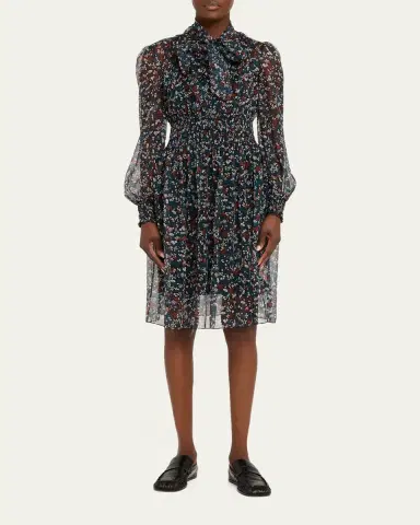 Burberry Disty Floral-Print Silk Creponne Bow-Neck Long-Sleeve Dress | Thumbnail 2 Burberry Disty Floral-Print Silk Creponne Bow-Neck Long-Sleeve Dress | Thumbnail 2