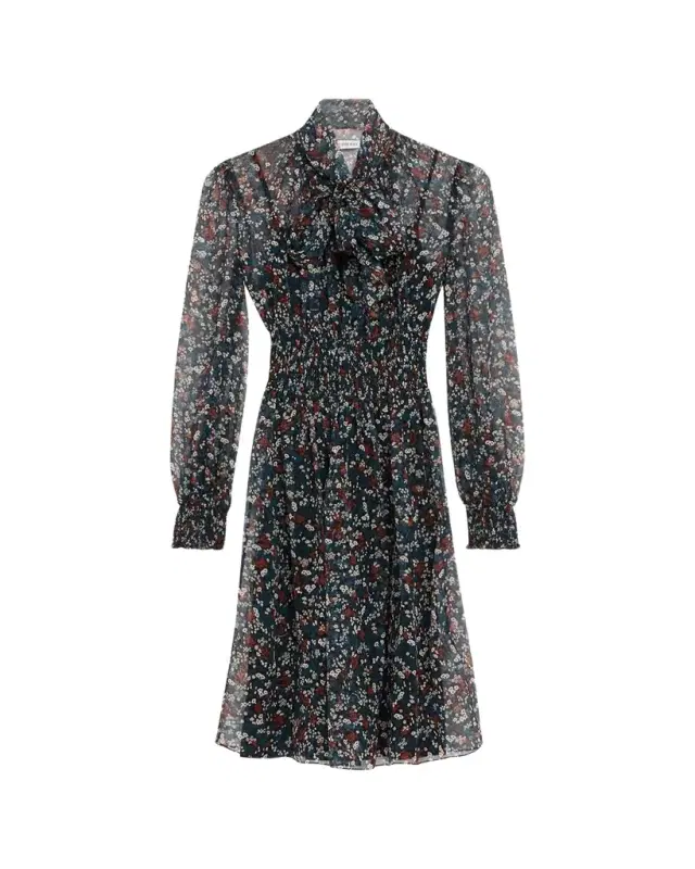 Burberry Disty Floral-Print Silk Creponne Bow-Neck Long-Sleeve Dress
