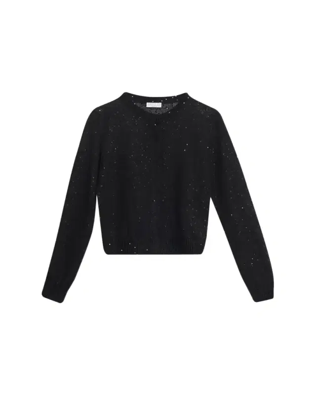 Linen-Silk Pailette Knit Crewneck Snap Cardigan