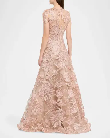 Naeem Khan Floral Raffia Embroidered Tulle Short-Sleeve Gown | Thumbnail 2 Naeem Khan Floral Raffia Embroidered Tulle Short-Sleeve Gown | Thumbnail 2