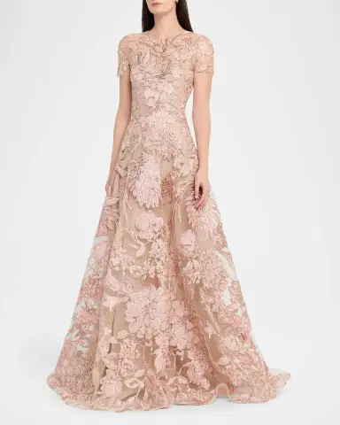 Naeem Khan Floral Raffia Embroidered Tulle Short-Sleeve Gown | Thumbnail 3 Naeem Khan Floral Raffia Embroidered Tulle Short-Sleeve Gown | Thumbnail 3