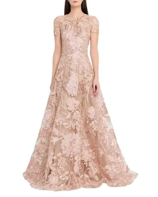 Floral Raffia Embroidered Tulle Short-Sleeve Gown