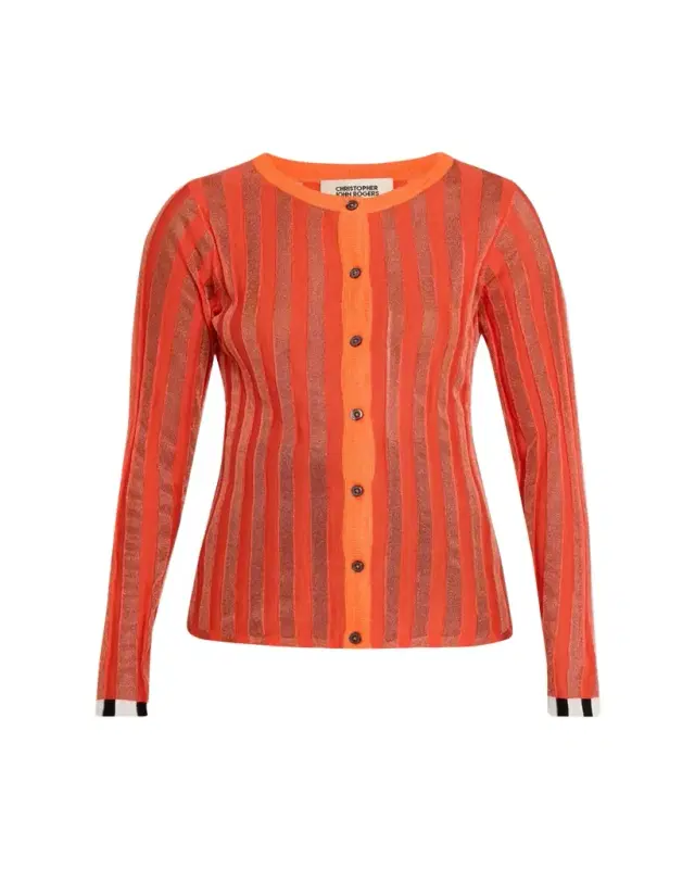 Metallic Pleated Knit Crewneck Cardigan