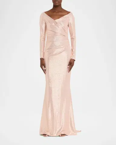 Talbot Runhof Metallic Draped Off-The-Shoulder Long-Sleeve Gown | Thumbnail 2