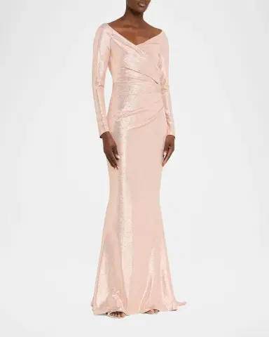 Talbot Runhof Metallic Draped Off-The-Shoulder Long-Sleeve Gown | Thumbnail 4