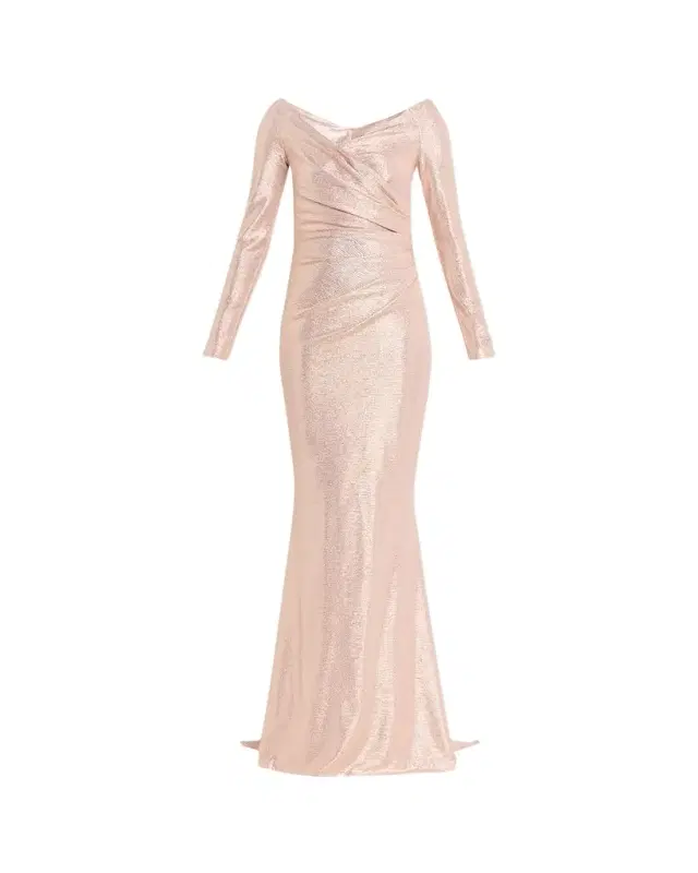 Talbot Runhof Metallic Draped Off-The-Shoulder Long-Sleeve Gown