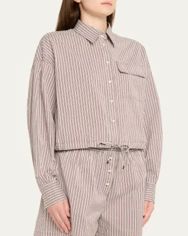 Brunello Cucinelli Striped Crispy Cotton-Silk Drawstring Button-Down Shirt | Thumbnail 4 Brunello Cucinelli Striped Crispy Cotton-Silk Drawstring Button-Down Shirt | Thumbnail 4