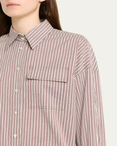 Brunello Cucinelli Striped Crispy Cotton-Silk Drawstring Button-Down Shirt | Thumbnail 5 Brunello Cucinelli Striped Crispy Cotton-Silk Drawstring Button-Down Shirt | Thumbnail 5