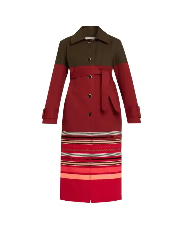 Embroidered Stripe Belted Long Trench Coat
