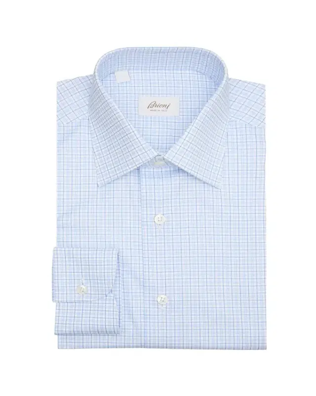 Brioni Men's Cotton Micro-Plaid Point Collar Dress Shirt