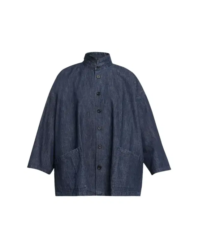 Cotton Denim Angle To Front Double Stand Collar Jacket - Long Length